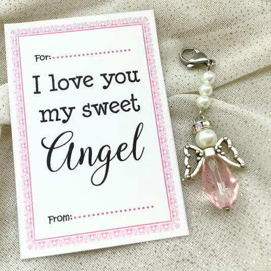 Pink I Love You Angel Charm, Angel Charm, Crystal with glass pearls, Memory Charm, Bible Case, Crystal Angel, Valentine’s Day Gift For Her