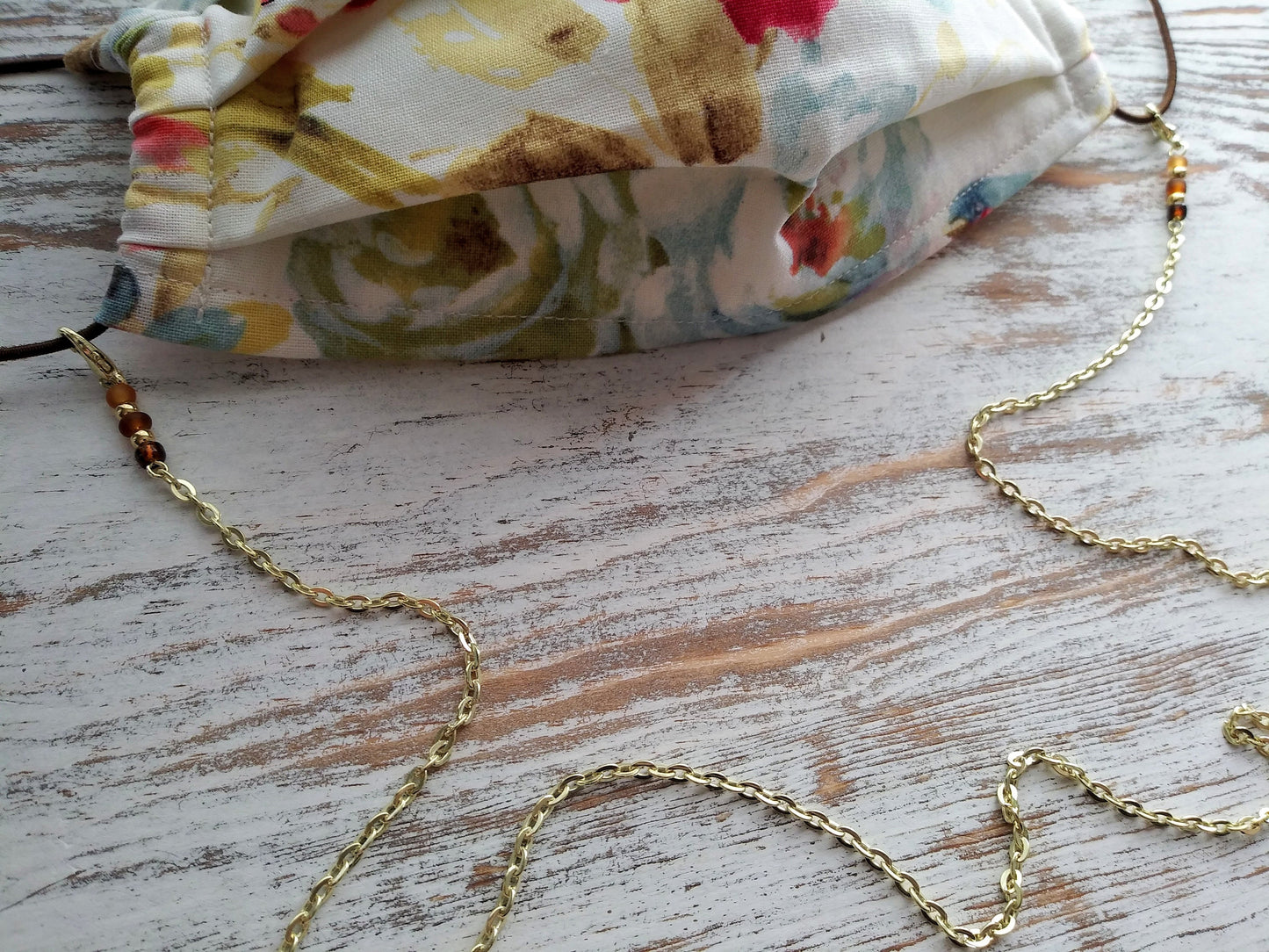 FITS ALL MASKS, Gold Mask Chain, Fall, Autumn, Face Mask Necklace, Holds Mask, Necklace Lanyard, Mask Keeper, Goldtone Chain, Glass Beads