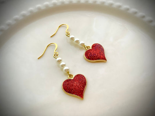 Red glitter heart earrings with glass pearls, gold plated steel hooks, glam earrings for her