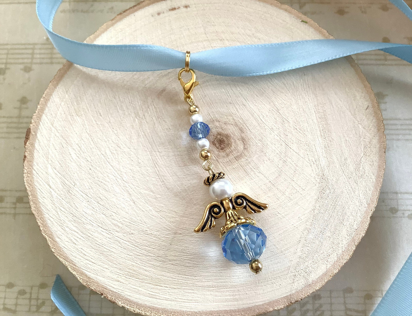 Crystal wedding angel satin ribbon, Blue Glass, Bouquet Angel w/Card Wedding Dress Angel, Guardian Angel Bridal Shower, Angel on Blue Ribbon