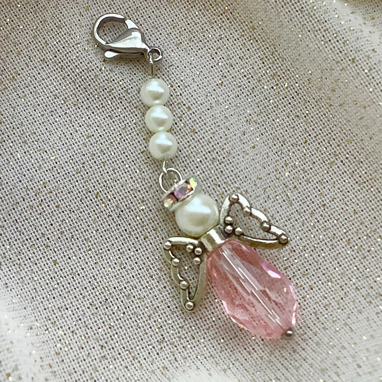 Pink I Love You Angel Charm, Angel Charm, Crystal with glass pearls, Memory Charm, Bible Case, Crystal Angel, Valentine’s Day Gift For Her