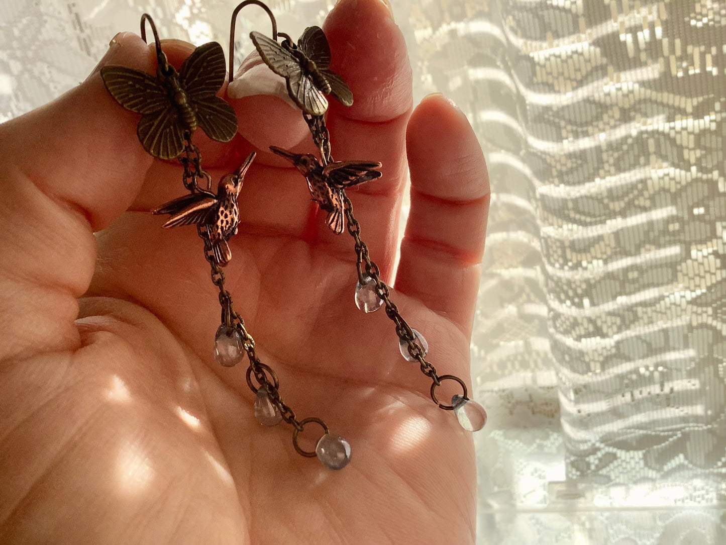 Hummingbird, butterfly, and dewdrop earrings, fanciful fairytale earrings, vintage style earrings