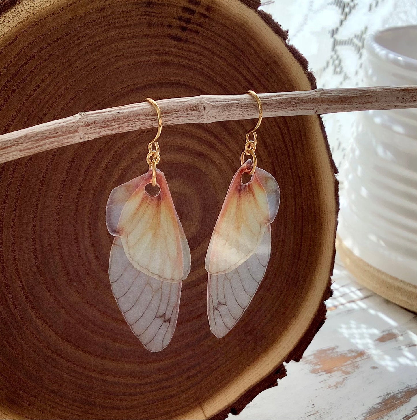 Realistic but not real wing earrings, for the serious fairy, Cicada wing earrings, gold plate steel hooks, semi transparent fantasy earrings