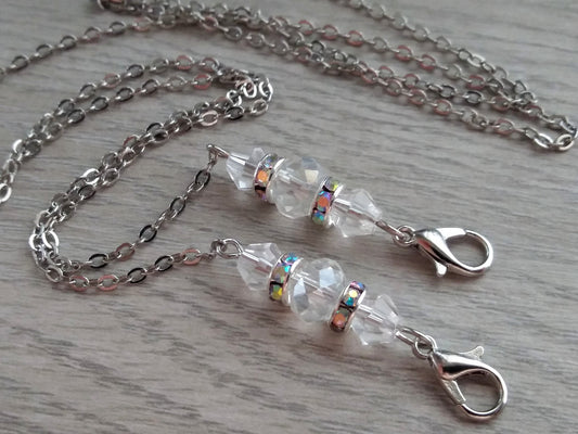 Crystal Mask Chain, Clear Glass, Face Mask Chain, Necklace, Holds Mask, Necklace Lanyard, Mask Keeper, Silver Chain, Pretty Sparkling Beads
