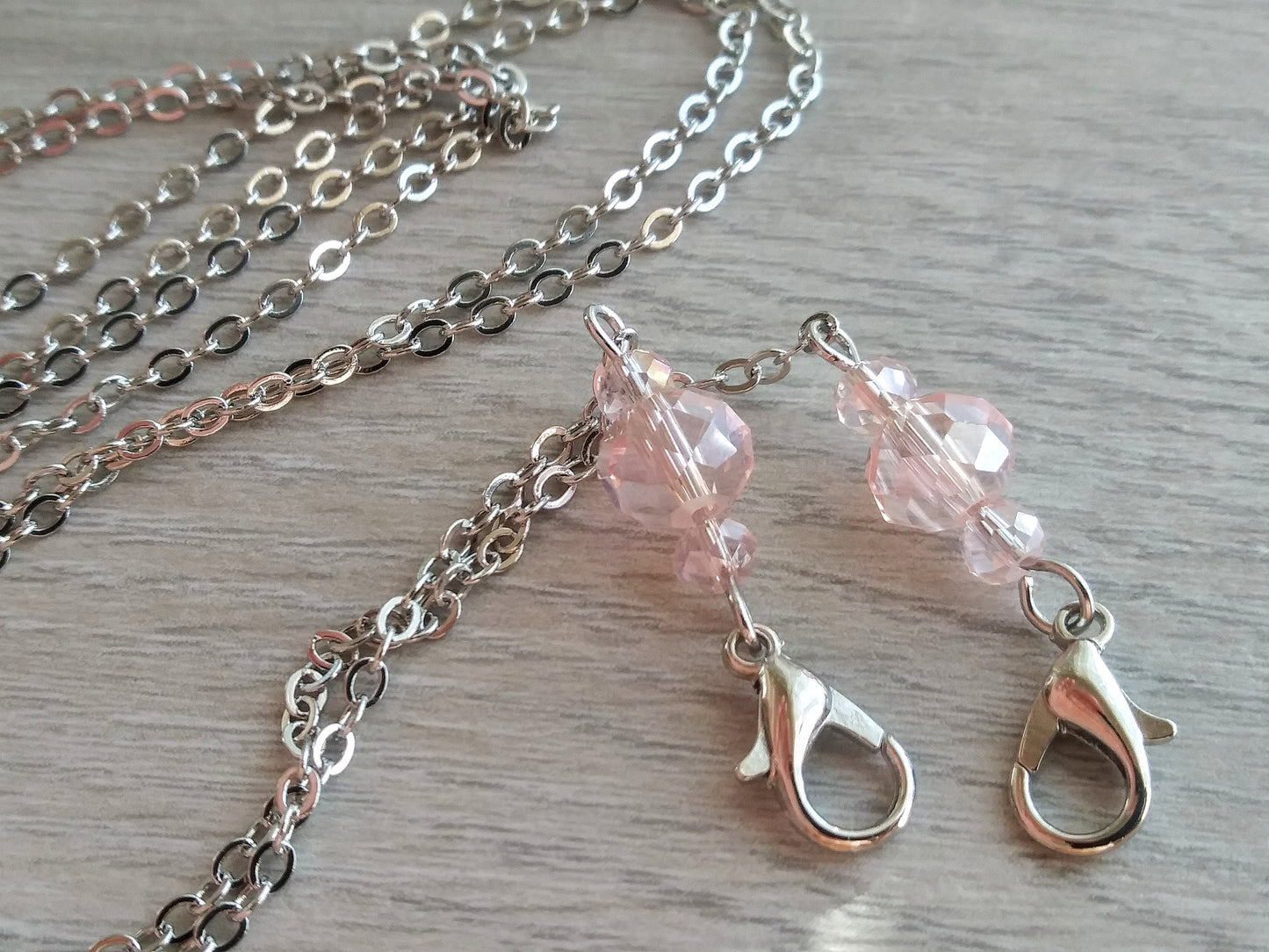 Pink Mask Chain, Pink, Crystal, Face Mask Chain, Necklace, Holds Mask, Necklace Lanyard, Mask Keeper, Silver Chain, Pink Glass Beads
