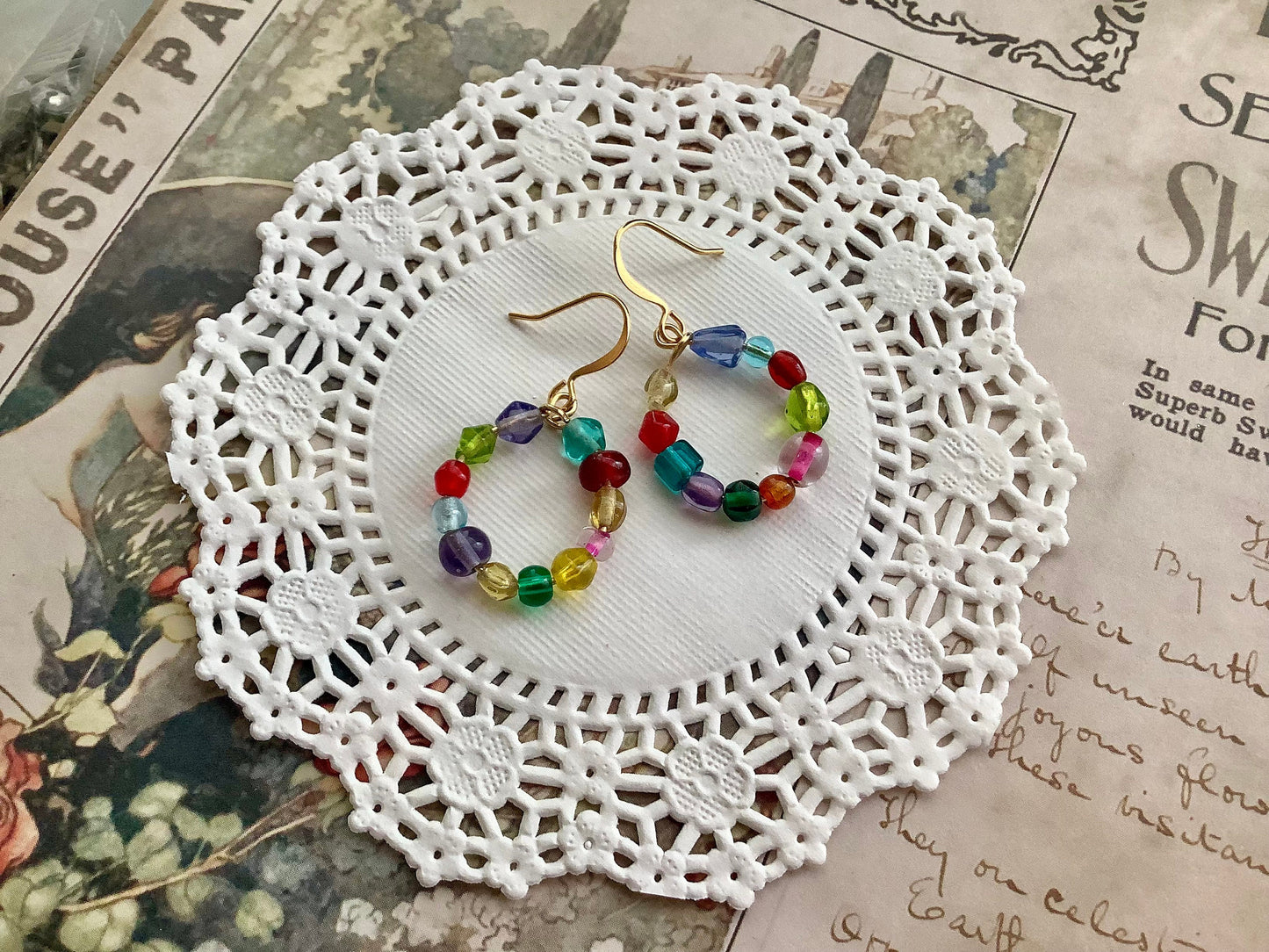 Colorful Beaded hoops, Medium hoop earrings, gold hoops, statement earrings, glass bead hoops, colorful earrings, gift for friend