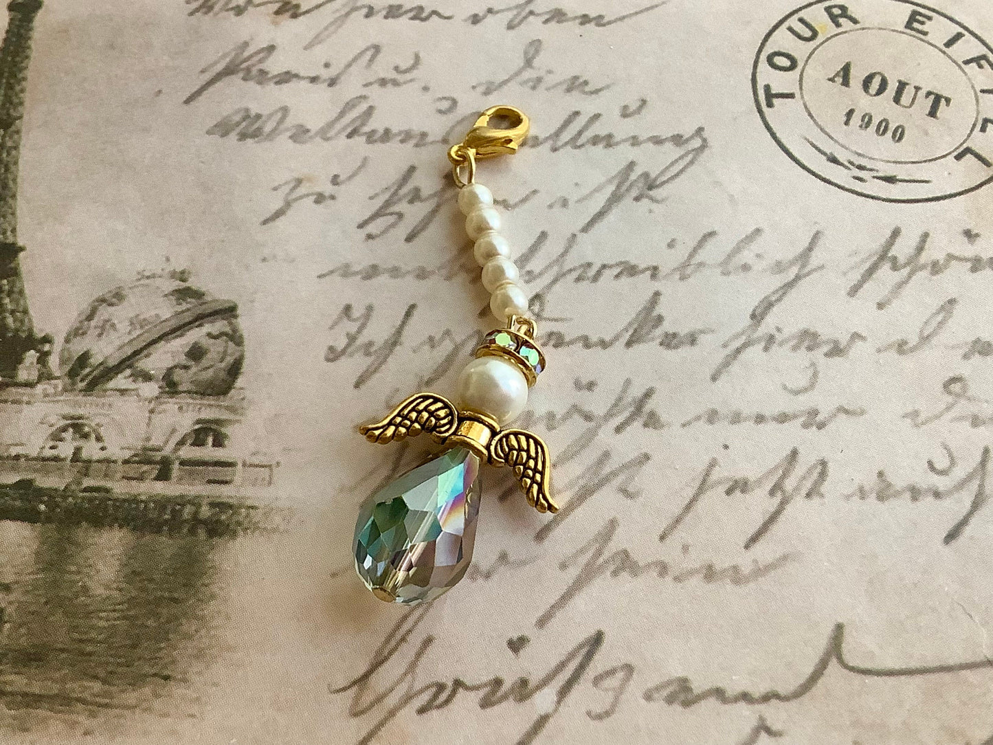 Crystal Angel charm for wedding bouquet, dainty gift for the bride