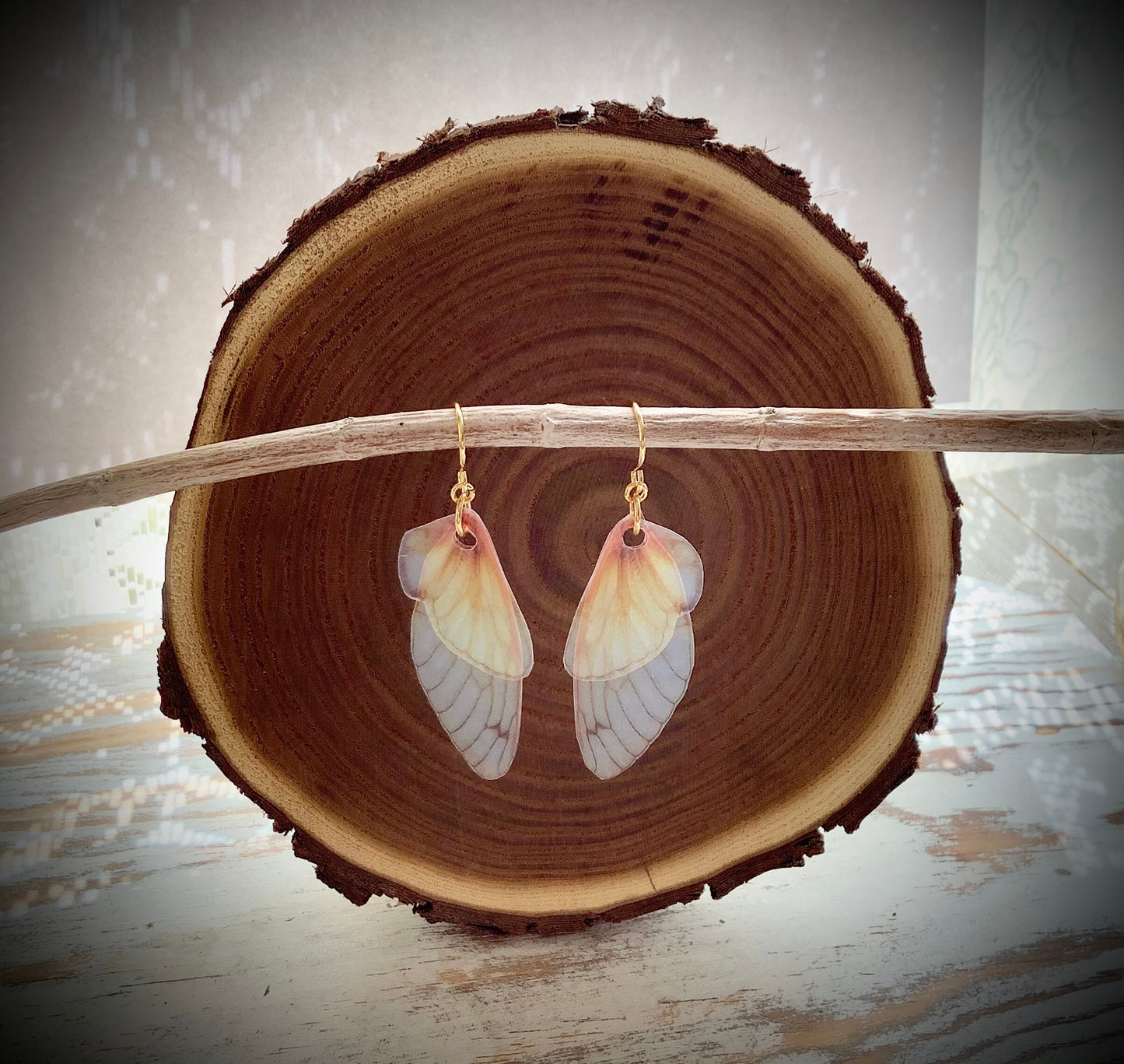 Realistic but not real wing earrings, for the serious fairy, Cicada wing earrings, gold plate steel hooks, semi transparent fantasy earrings