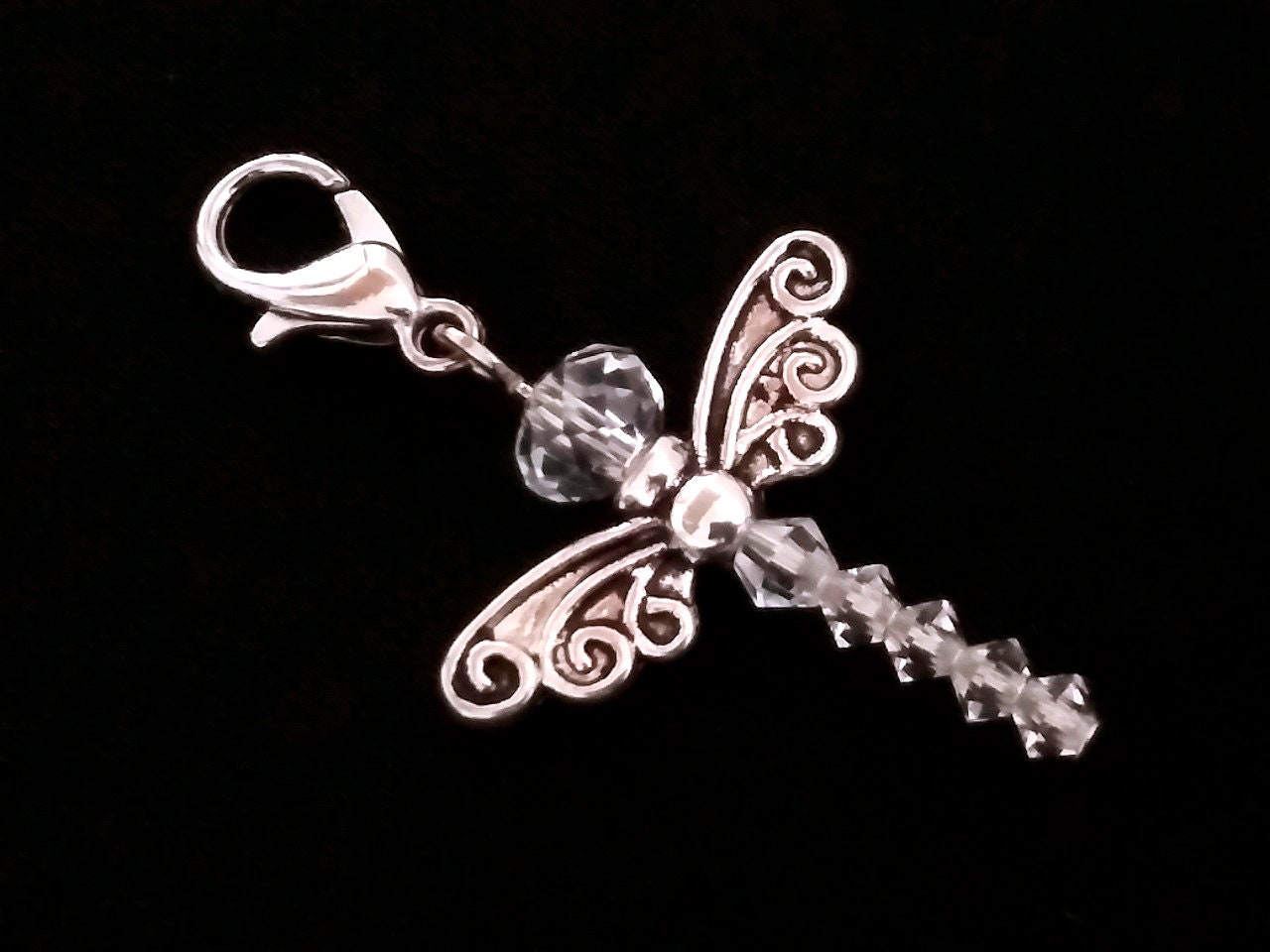 Dragonfly Charm with Lobster Clasp Claw-Beaded Glass and Silver Dragonfly Dangle Clip On Charm-Zippers-Planners-Purses-Jewelry-Pendant Charm