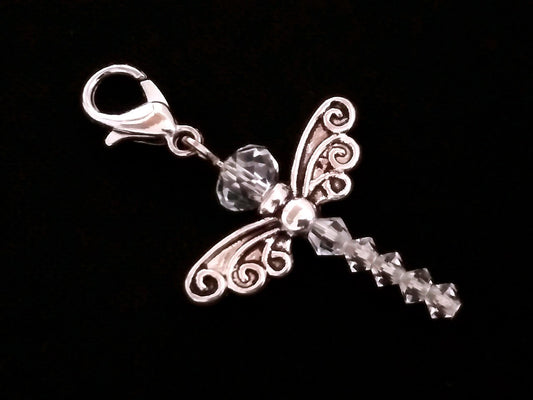 Dragonfly Charm with Lobster Clasp Claw-Beaded Glass and Silver Dragonfly Dangle Clip On Charm-Zippers-Planners-Purses-Jewelry-Pendant Charm
