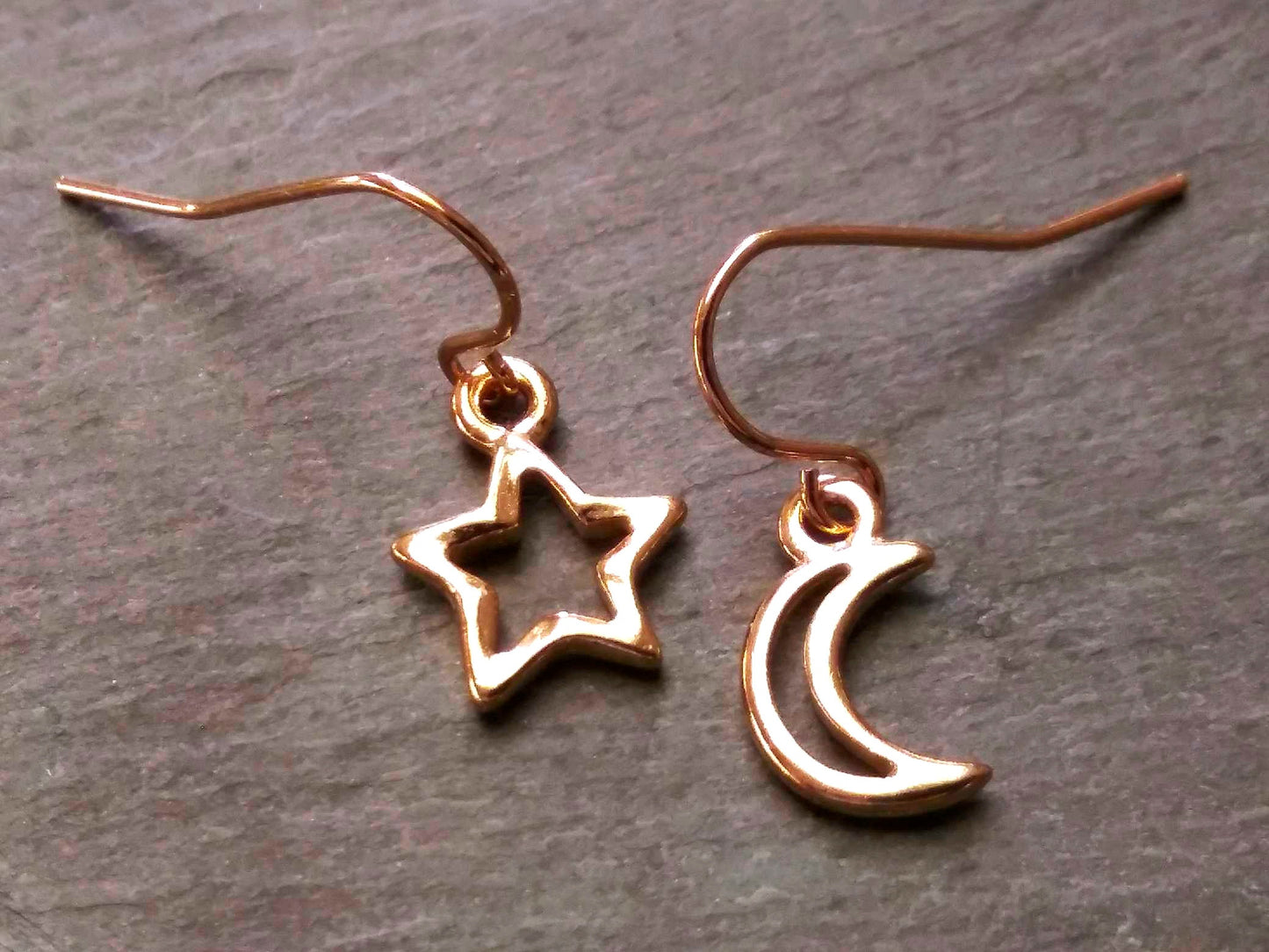 Star and Moon Earrings, Celestial Open 22kt Gold Plated Cadmium & Lead Free Pewter Charms with Gold Plated Steel Ear-wires, Minimalist, Tiny