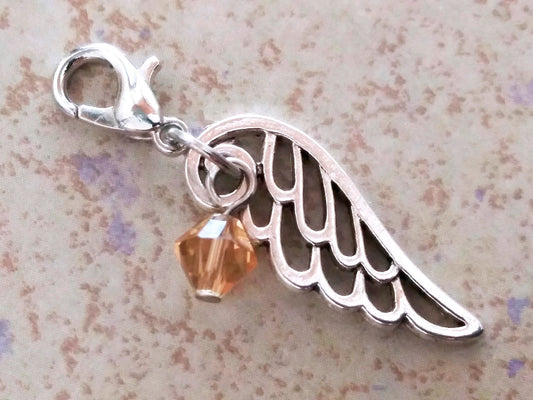 NOVEMBER Birthstone Angel Wing Charm with Clip on Lobster Clasp for Bracelet-Tibetan Silver Wing Citrine/Topaz colored Crystals, Memory Gift