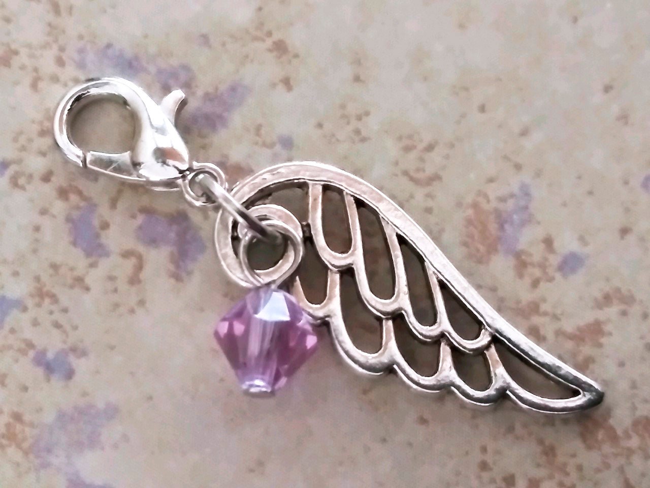 JUNE Birthstone Angel and Wing Charm Set Lobster Clasp for Bracelet-Tibetan Silver Wing Light Amethyst Violet colored Crystal, Locket Dangle