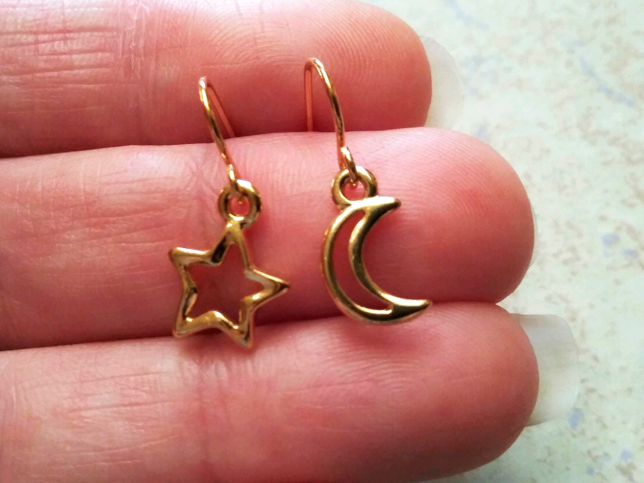 Star and Moon Earrings, Celestial Open 22kt Gold Plated Cadmium & Lead Free Pewter Charms with Gold Plated Steel Ear-wires, Minimalist, Tiny