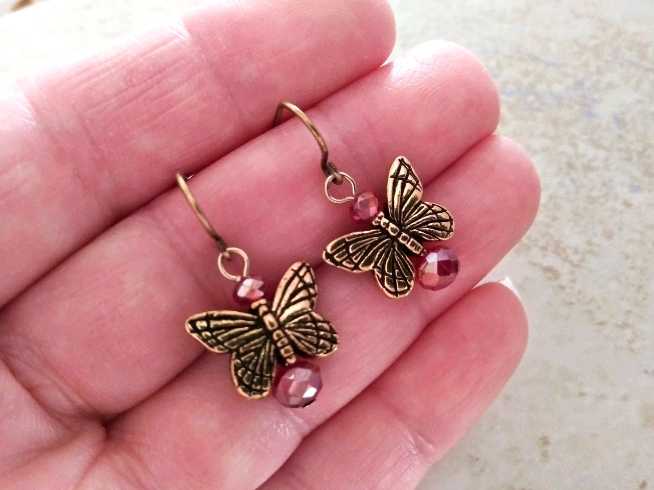 Ruby Glass Butterfly Angel Earrings 22 Kt Gold Plated Charms Handmade in the USA, Monarch Earrings, Gold Butterfly Earrings, July Birthstone