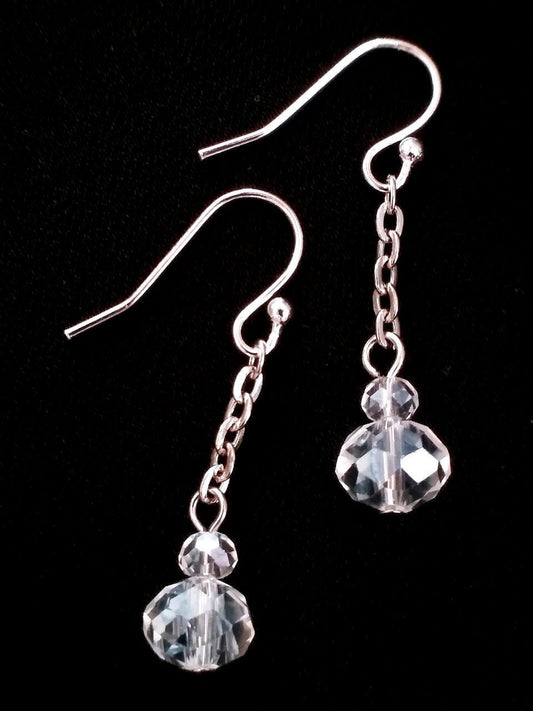 Perfect Length, Silver Chain Clear Crystal Glass Dangle Earrings, Long Chain Earrings, Chain Earrings, Everyday Earrings Silver Plated Hooks
