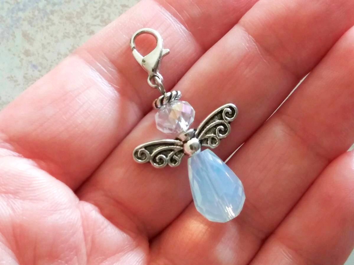 Angel Charm, Friend Gift, Bible case charm, Faith, Bridesmaid Gift, Clear, Opal, Purple Crystal, October Birthstone Angel Gift Stitch Keeper