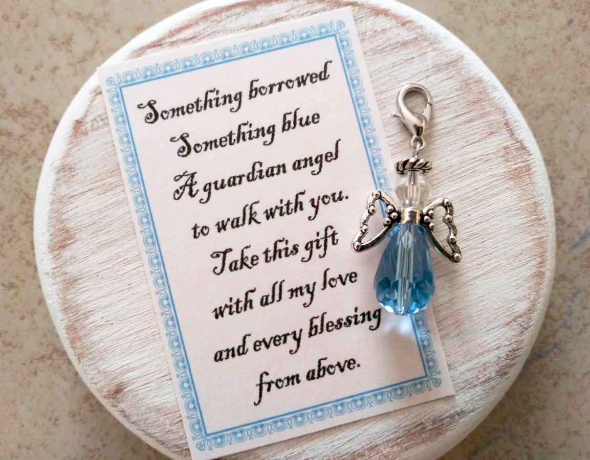 Something Blue Angel Charm - Bouquet Charm - Blue Wedding Angel w/Card Wedding Dress Angel, Guardian Angel Bridal Shower Gift, Bride Gift