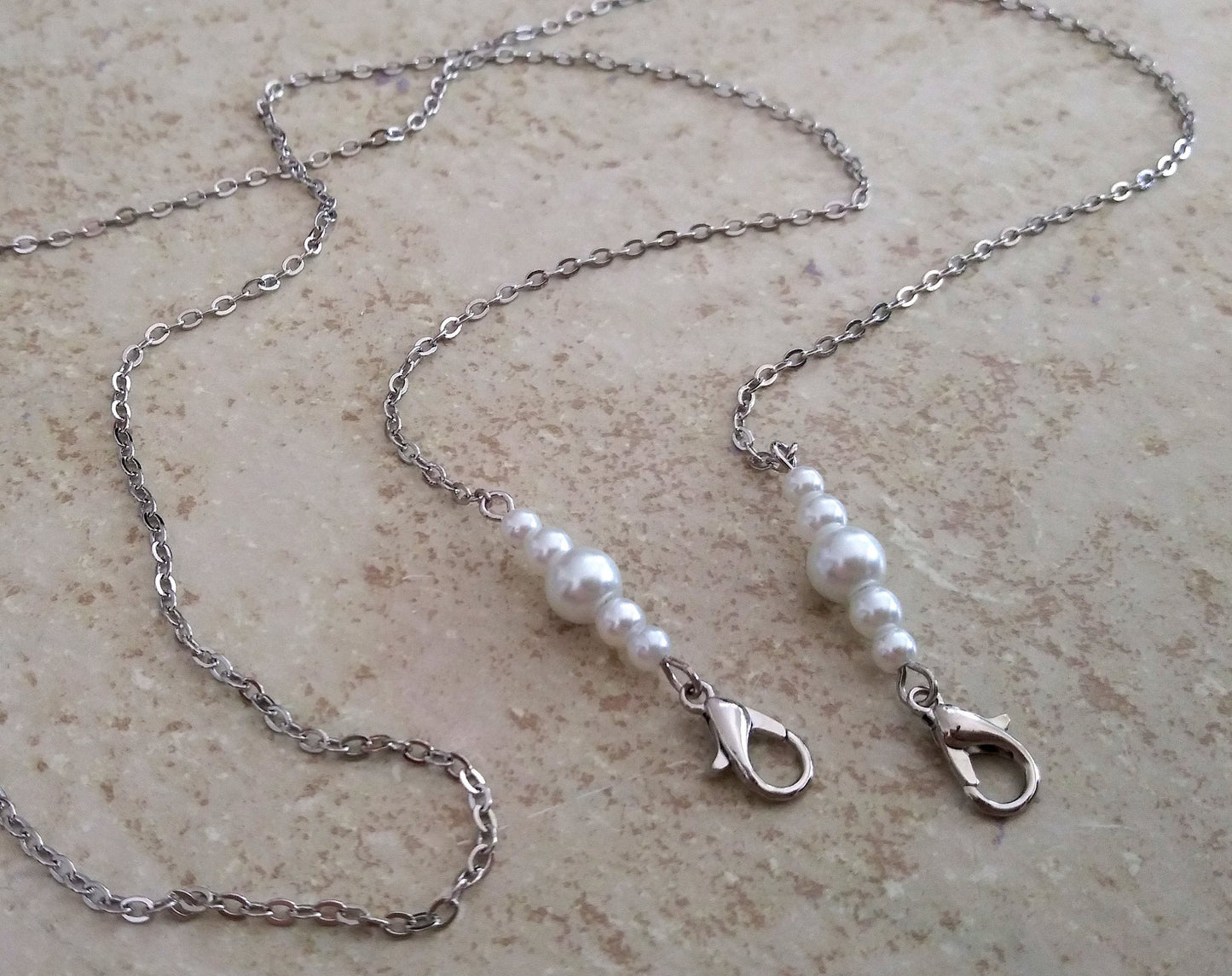 Pearl Mask Chain, White Pearls, Glass Pearls, Face Mask Chain, Necklace, Holds Mask, Necklace Lanyard, Mask Keeper, Silver Chain, Graduated