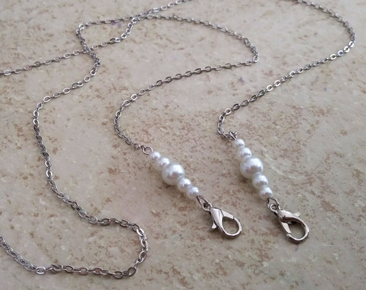 Pearl Mask Chain, White Pearls, Glass Pearls, Face Mask Chain, Necklace, Holds Mask, Necklace Lanyard, Mask Keeper, Silver Chain, Graduated
