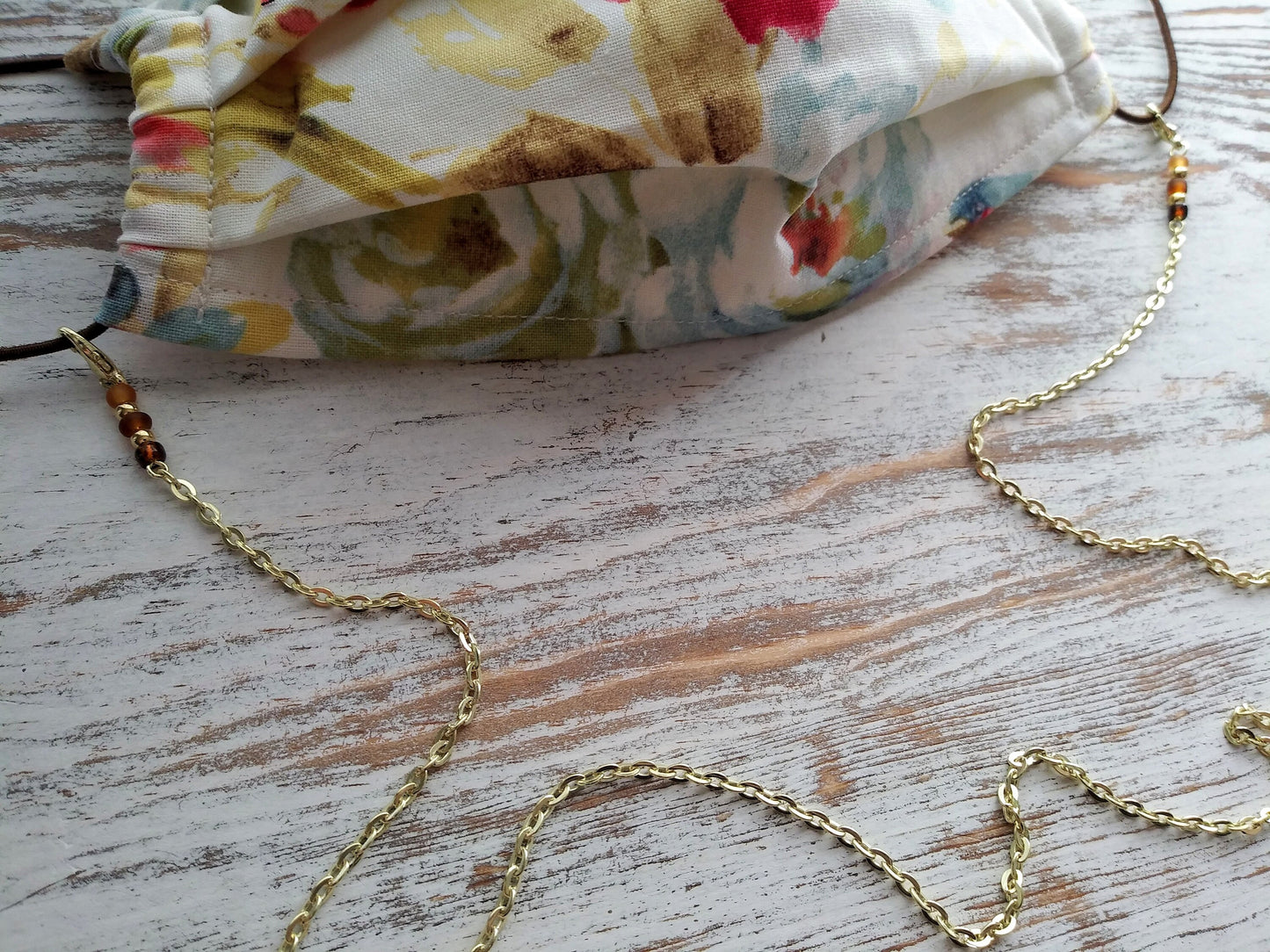 FITS ALL MASKS, Gold Mask Chain, Fall, Autumn, Face Mask Necklace, Holds Mask, Necklace Lanyard, Mask Keeper, Goldtone Chain, Glass Beads