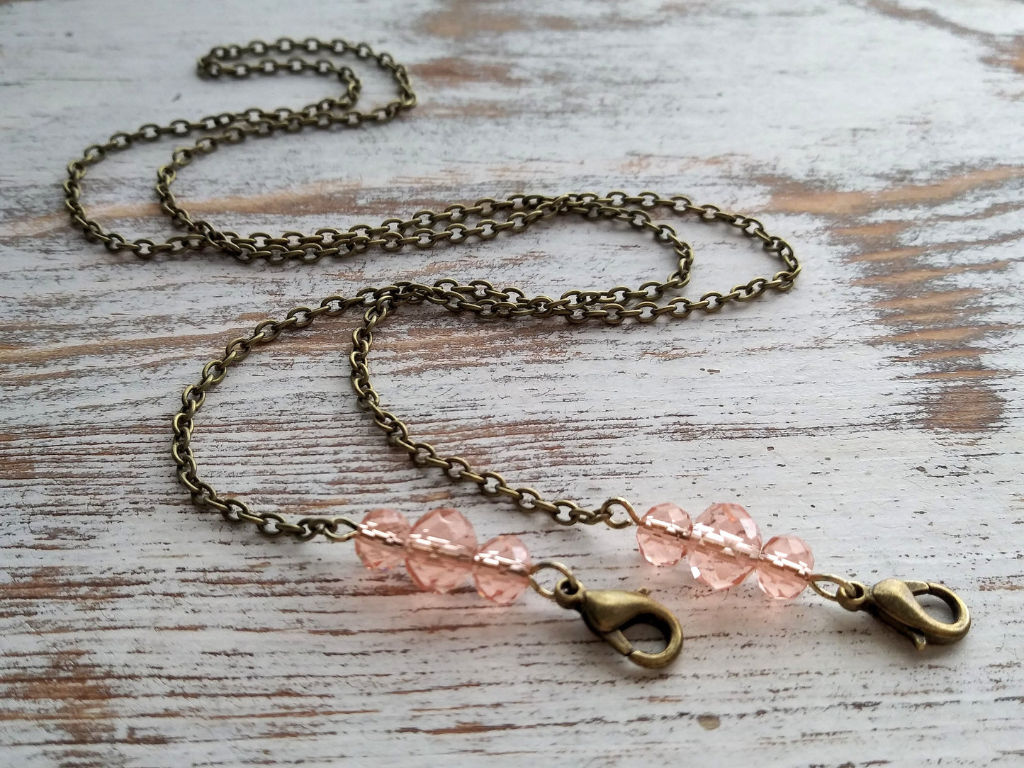 Mask Chain, Antique Brass-tone Chain with Peach Glass Crystal Beads, Fall Mask Chain, Crystal Mask Holder, Chain Necklace, Vintage Style