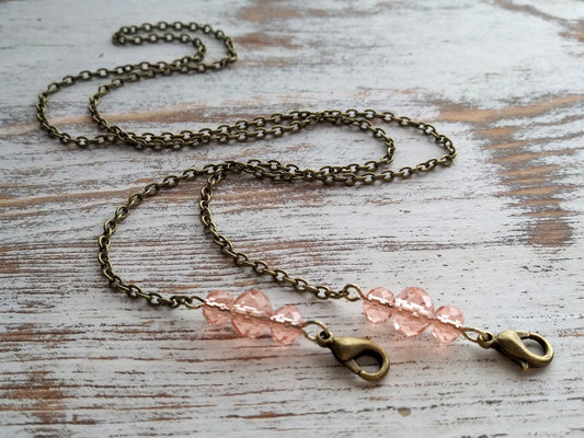 Mask Chain, Antique Brass-tone Chain with Peach Glass Crystal Beads, Fall Mask Chain, Crystal Mask Holder, Chain Necklace, Vintage Style