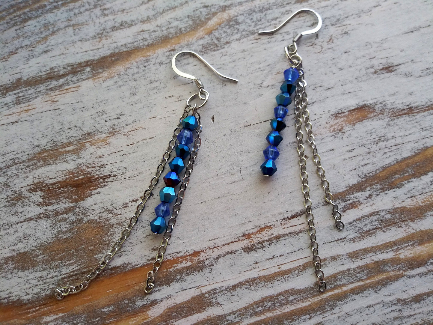 Blue Dangle Earrings / Long Chain Earrings / Blue Glass Crystals / Silver Chain / Boho Earrings / Stainless Steel Hooks