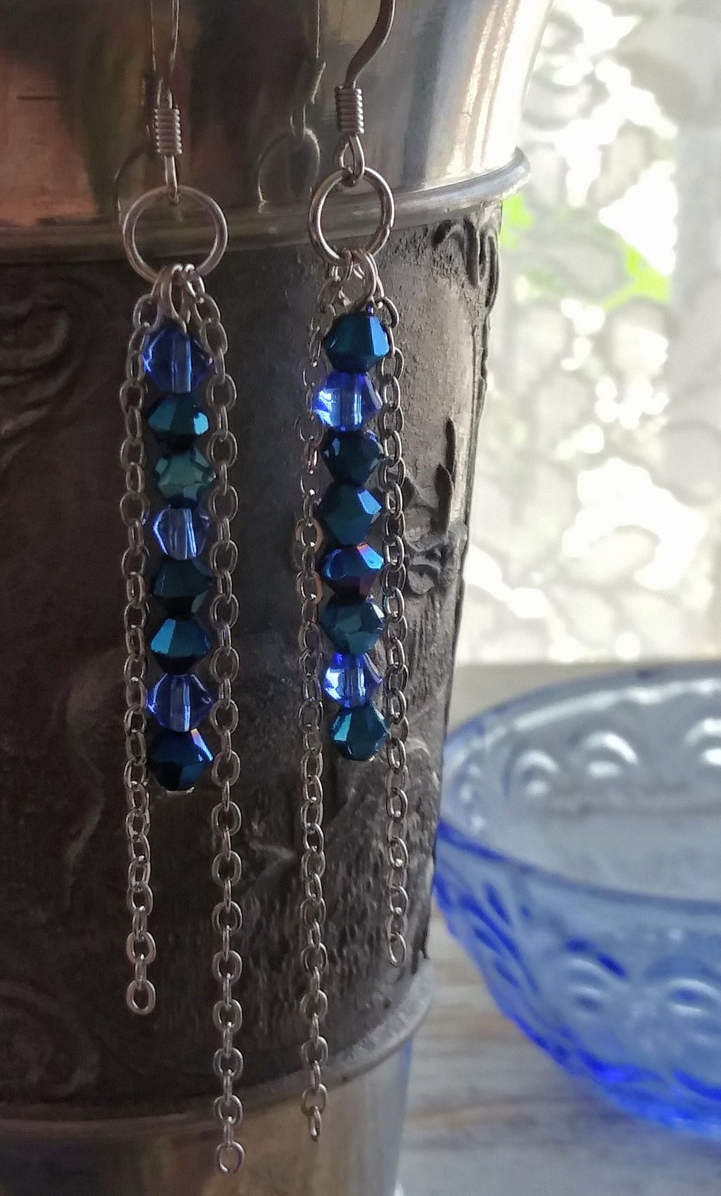 Blue Dangle Earrings / Long Chain Earrings / Blue Glass Crystals / Silver Chain / Boho Earrings / Stainless Steel Hooks