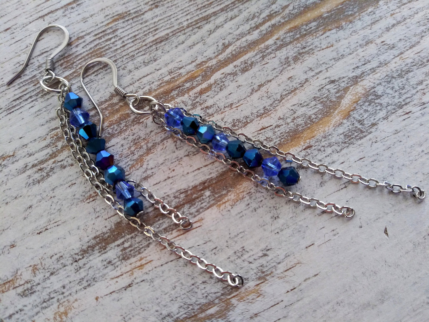 Blue Dangle Earrings / Long Chain Earrings / Blue Glass Crystals / Silver Chain / Boho Earrings / Stainless Steel Hooks