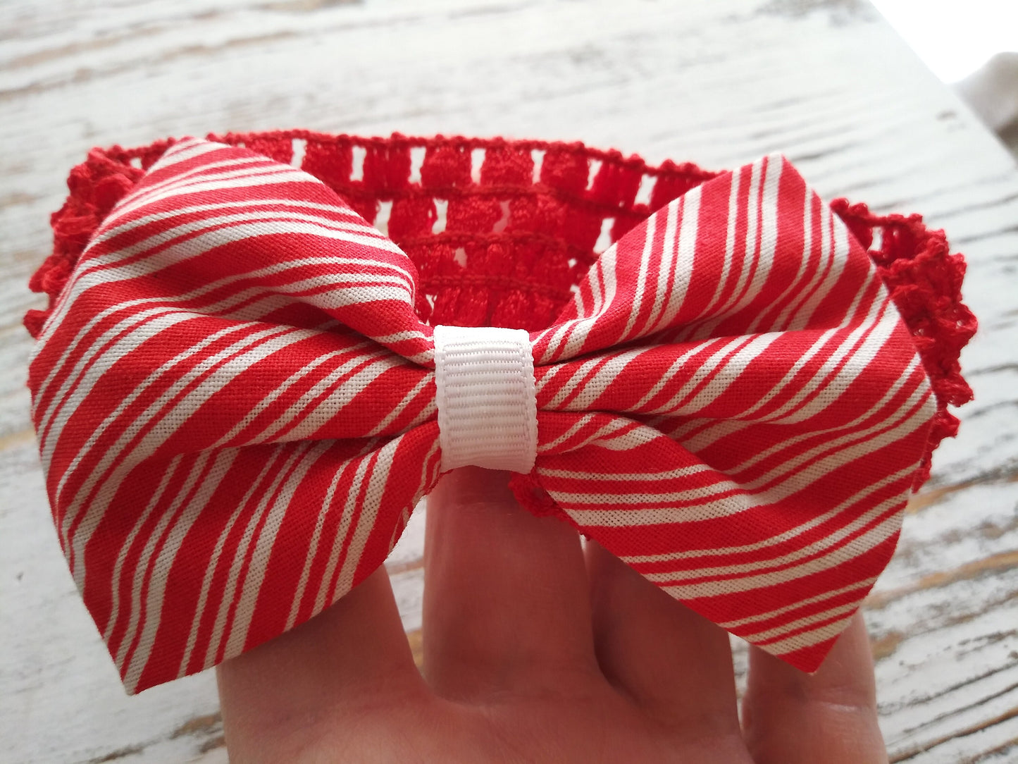 Red and White Hair Bow Headband-Red and White-Striped Hair Bow- for babies, toddlers and girls-Hair Bows-Holiday-Handmade -Girls -One Size