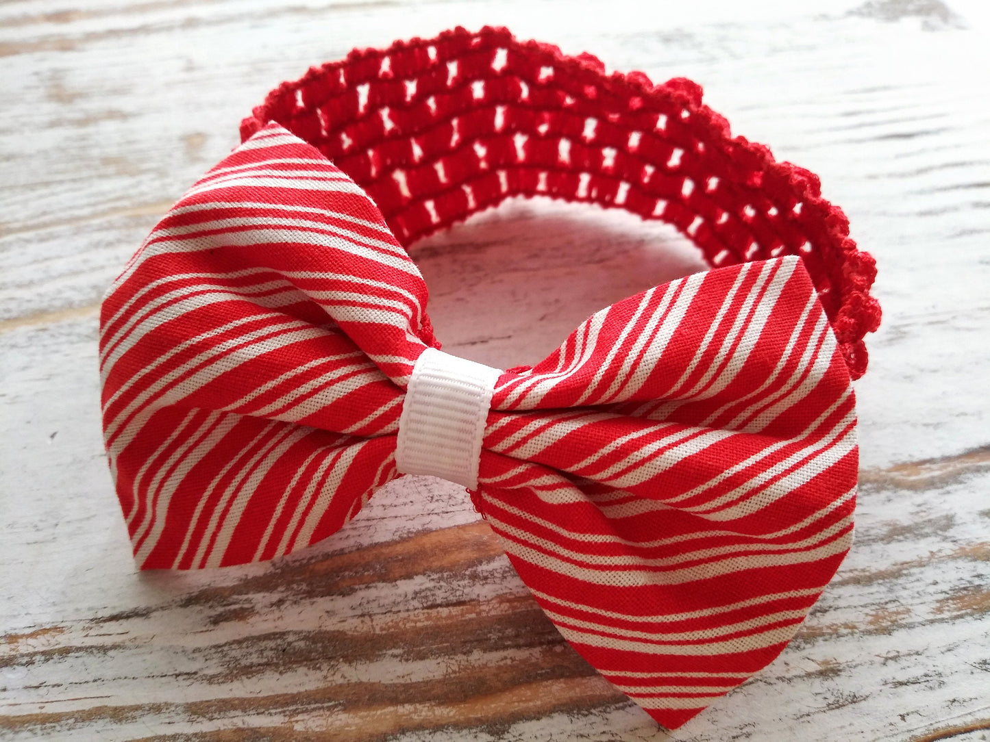 Red and White Hair Bow Headband-Red and White-Striped Hair Bow- for babies, toddlers and girls-Hair Bows-Holiday-Handmade -Girls -One Size