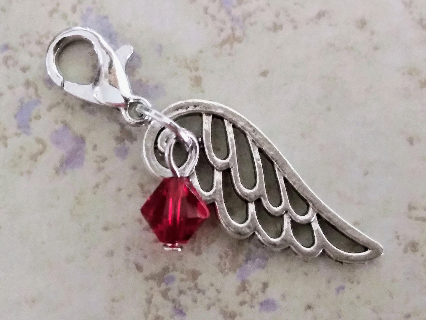 JULY Birthstone Angel Wing Charm Clip on Lobster Clasp for Bracelet-Tibetan Silver Wing Light Deep Ruby Red colored Crystal, Locket Dangle