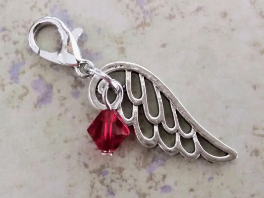 JULY Birthstone Angel Wing Charm Clip on Lobster Clasp for Bracelet-Tibetan Silver Wing Light Deep Ruby Red colored Crystal, Locket Dangle