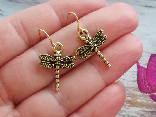 Dragonfly Earrings, Gold Dragonfly Earrings, Dragonfly Jewelry, Spring Earrings, Symbol of Change, Dragonfly Totem, Spirit and Omen Jewelry