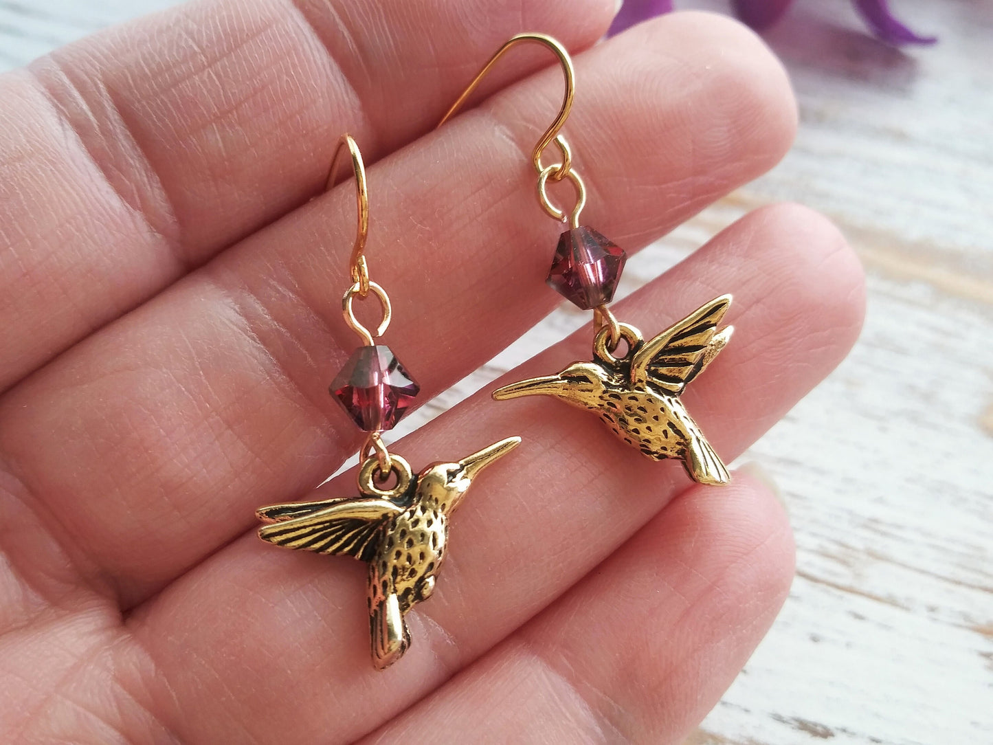 Hummingbird Earrings with Crystals, gold plated steel hooks, gold plated lead free pewter charms, USA artisan earrings