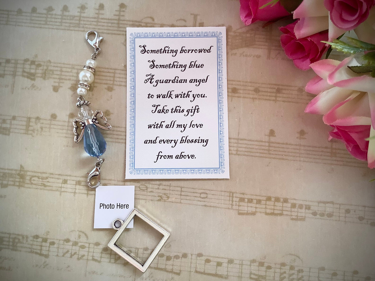 Photo Charm for Bride, Something Blue Glass Wedding Bouquet Angel w/Card Wedding Dress Angel, Guardian Angel Bridal Shower Gift, Bride Gift