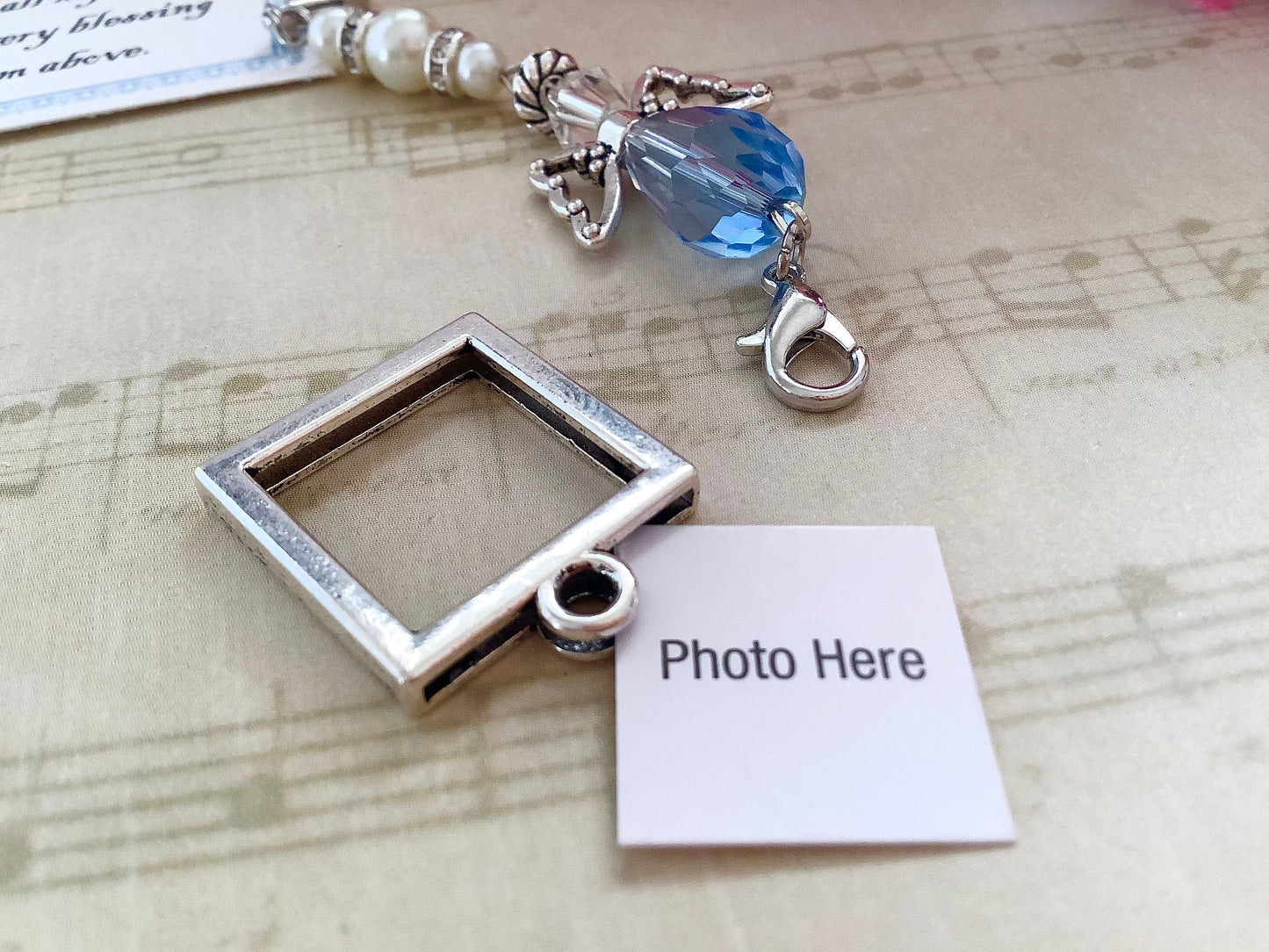 Frame Charm for Bride, Something Blue Glass Wedding Bouquet Angel w/Card Wedding Dress Angel, Guardian Angel Bridal Shower Gift, Bride Gift