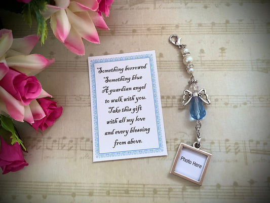 Photo Charm for Bride, Something Blue Glass Wedding Bouquet Angel w/Card Wedding Dress Angel, Guardian Angel Bridal Shower Gift, Bride Gift