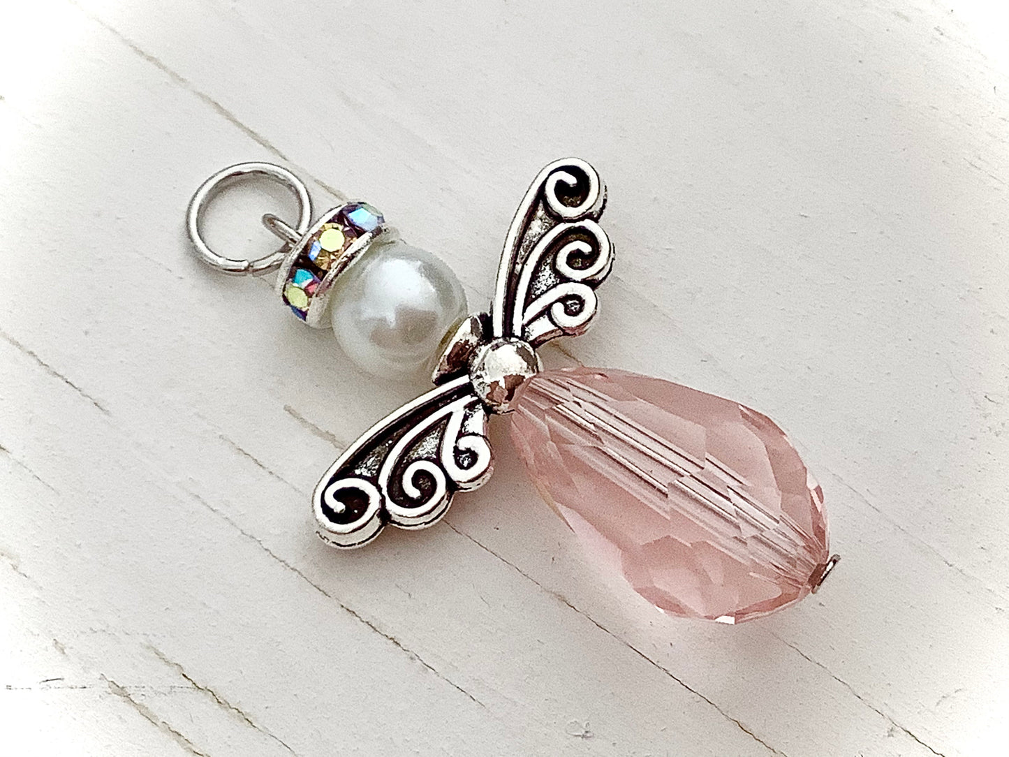 Angel Charm with Loop, Angel Pendant for necklaces, ribbons and more, add on charm, breast cancer awareness pink angel, crystal angel diy
