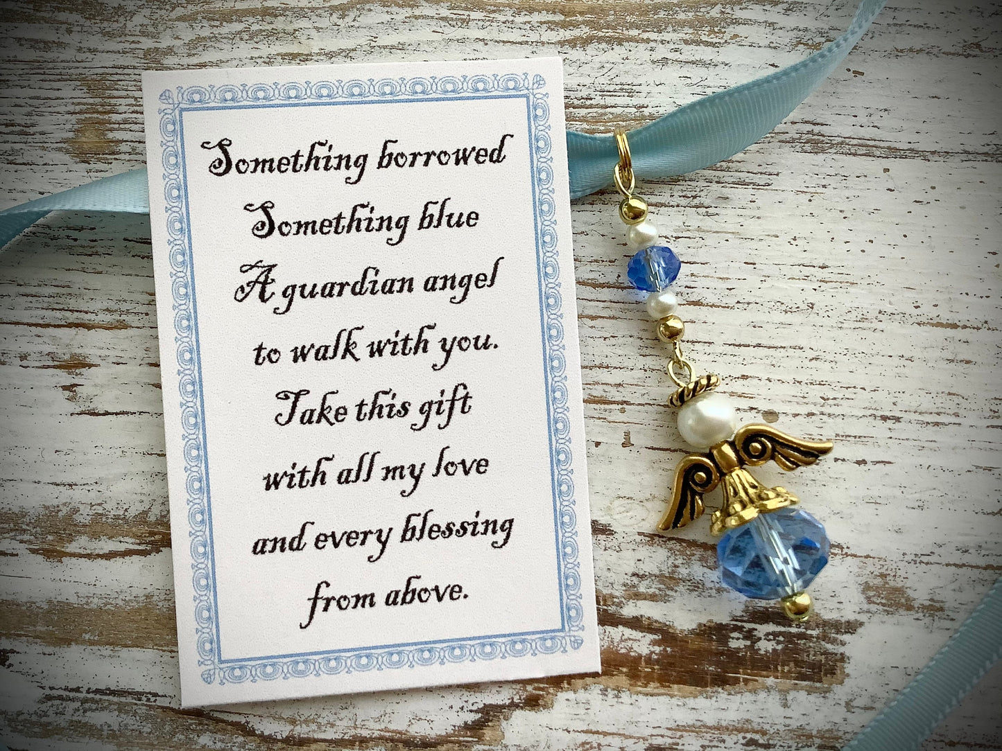 Crystal wedding angel satin ribbon, Blue Glass, Bouquet Angel w/Card Wedding Dress Angel, Guardian Angel Bridal Shower, Angel on Blue Ribbon