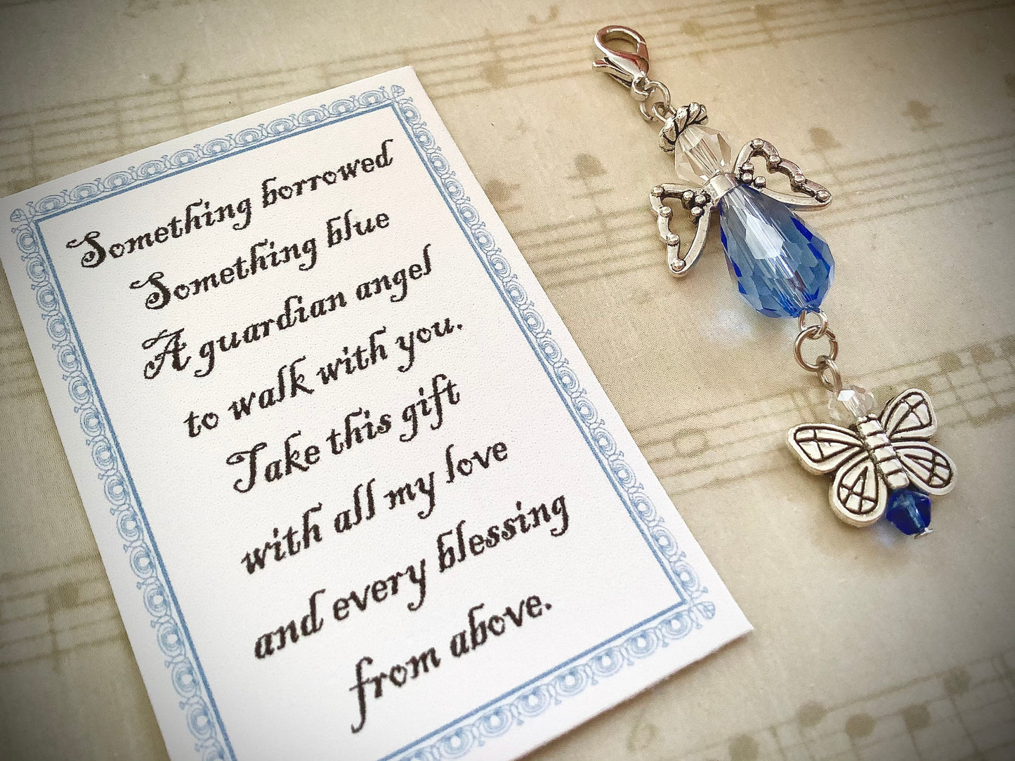 Something Blue Angel with Butterfly Wedding Bouquet Charm, Butterfly Charm, Guardian Angel Bridal Shower Gift, Butterfly Angel Keepsake