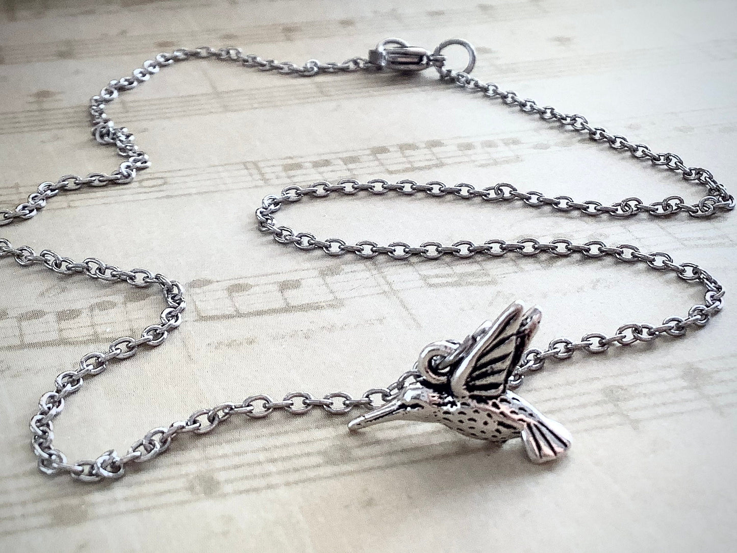 Hummingbird necklace, stainless steel chain, silver hummingbird charm necklace, silver pendant, bird necklace, hummingbird charm necklace