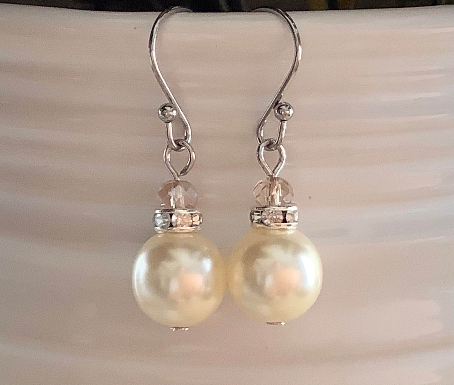 Cream Colored Warm White Off White Glass Pearl Earrings with Stainless Steel Ear Wires, cream earrings, off white earrings, Artisan Handmade