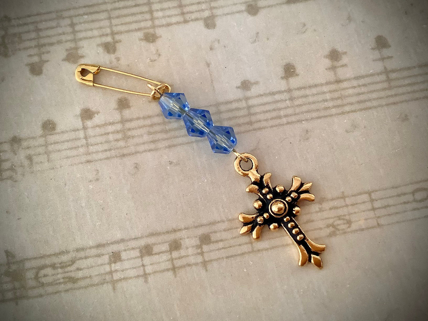 Something Blue Bouquet Charm, Blue Crystal Wedding Bouquet Charm, Something Blue for Bride, Cross on Brass Pin, Cross Charm, Antique Gold