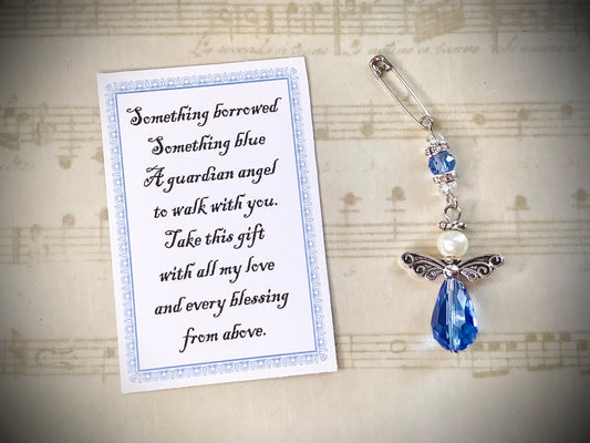 Something Blue Glass Wedding Bouquet Angel w/Card Wedding Dress Angel, Guardian Angel Bridal Shower, Angel for bride pin, Arrives Gift Boxed