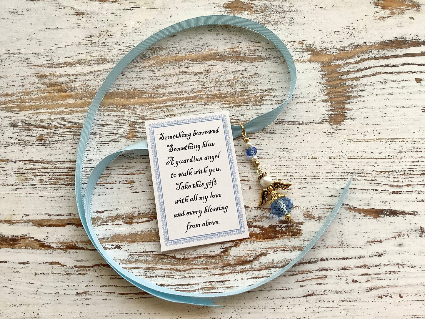 Something Borrowed Something Blue Glass Wedding Bouquet Angel w/Card Wedding Dress Angel, Guardian Angel Bridal Shower, Angel on Blue Ribbon
