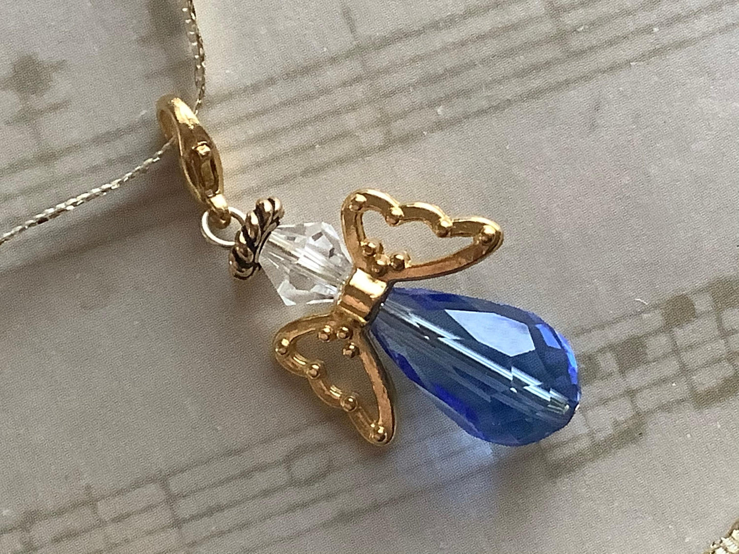 Something Borrowed Something Blue Glass Wedding Bouquet Angel w/Card Wedding Dress Angel, Guardian Angel Pin, Angel on Ribbon, Blue and Gold