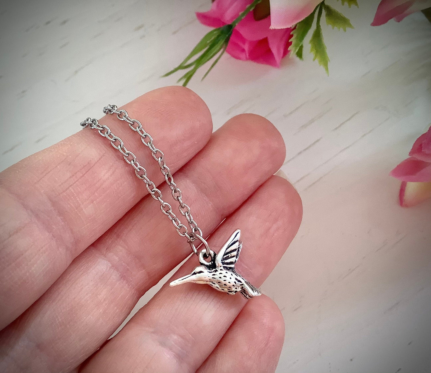Hummingbird necklace, stainless steel chain, silver hummingbird charm necklace, silver pendant, bird necklace, hummingbird charm necklace