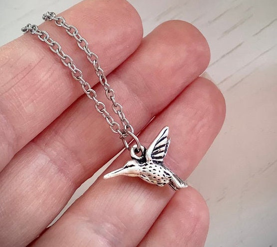 Hummingbird necklace, stainless steel chain, silver hummingbird charm necklace, silver pendant, bird necklace, hummingbird charm necklace